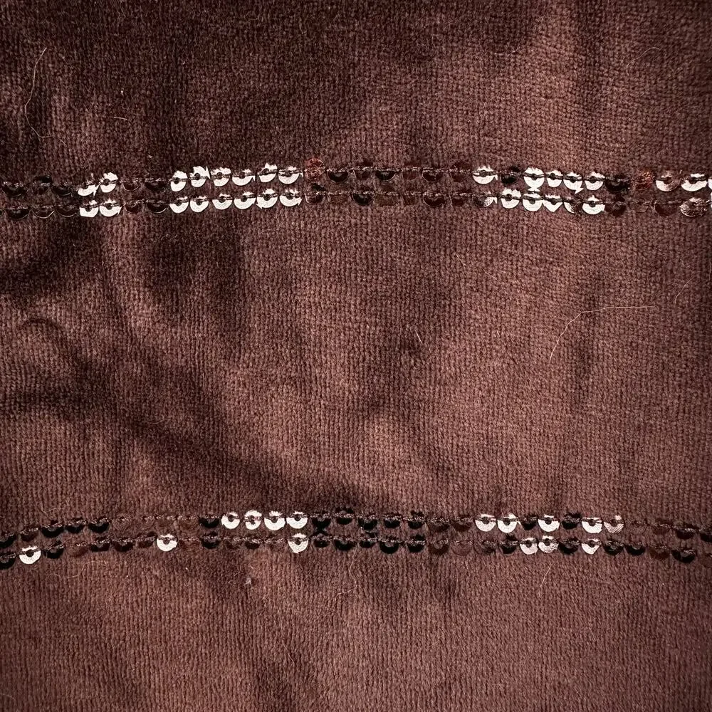 Quacker Factory Blouse Top Velour Velvet Stripe Sequins Long Sleeve Brown L